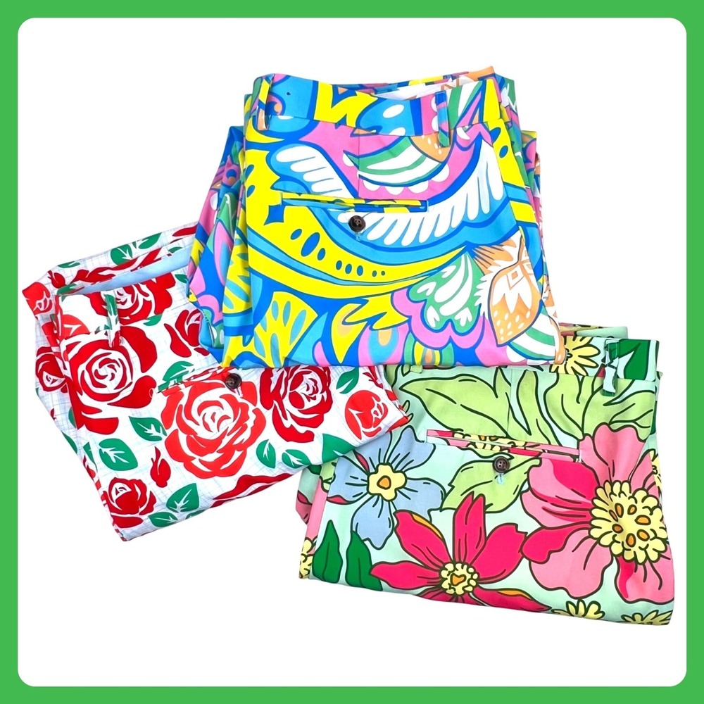 Shinesty Golf Dress Pants Men 40x29 Poly Performance Stretch Floral Paisley Rose